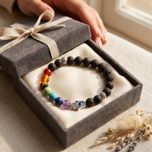 7 Chakra Bracelet with Hamsa Protection Charm
