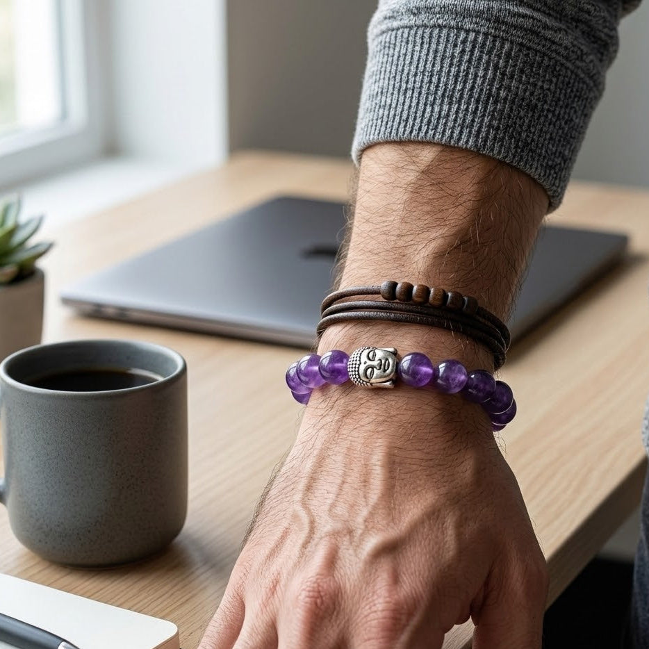 Amethyst Gemstone Bracelet with Buddha Charm – Calmness & Healing