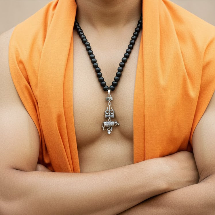 Black Karungali mala with a silver-plated Trishul and Nandi pendant