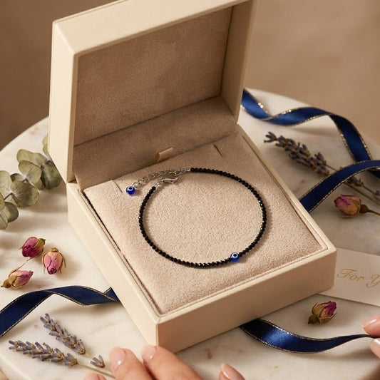 Black Tourmaline Anklet with Evil Eye Charm