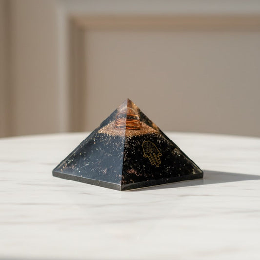 Black Tourmaline Hamsa Hand Orgone Crystal Pyramid