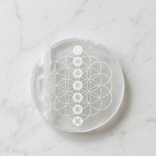 Carved Selenite Plate | Flower of Life with Seven Chakra Symbols