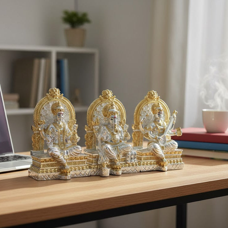 Lakshmi Ganesh Saraswati Silver Gold Plated Idol Set