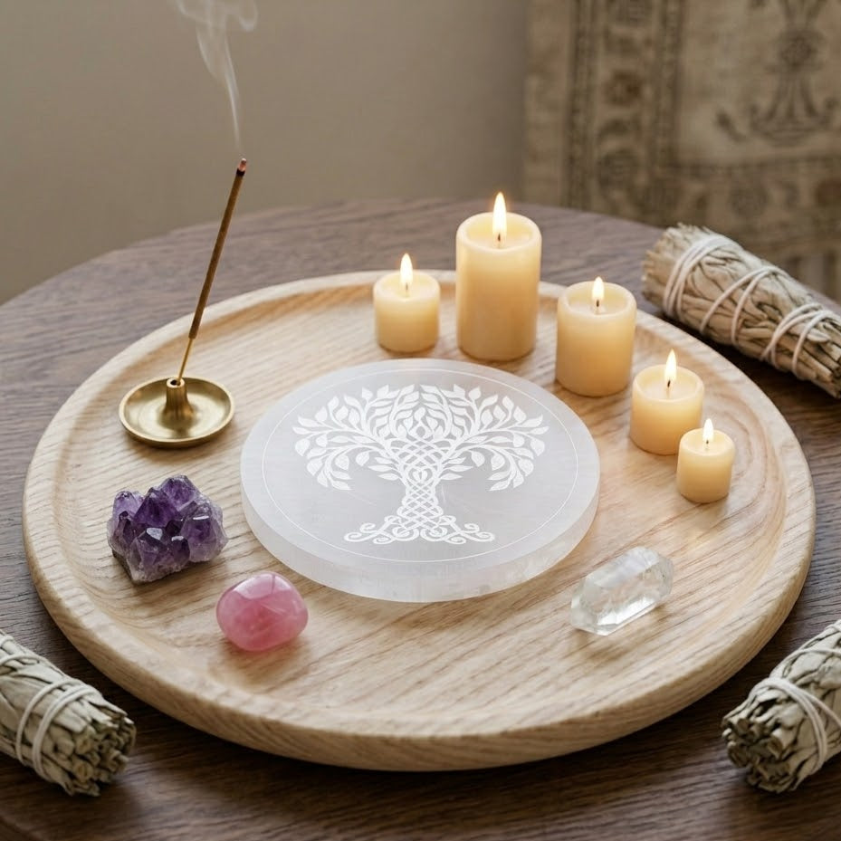Life Tree Engraved Selenite Charging Plate