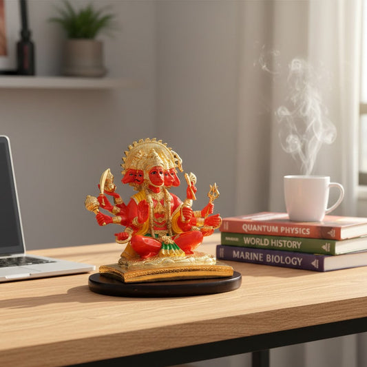 Panchmukhi Hanuman Statue With Orange Enamel - Gold Plated