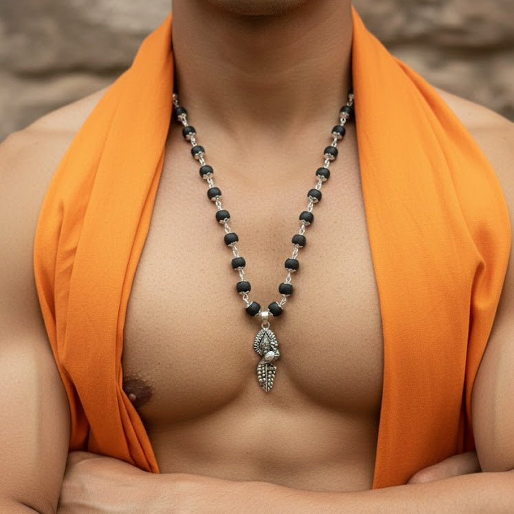 Silver Plated Karungali Mala with Lord Subrahmanya Pendant