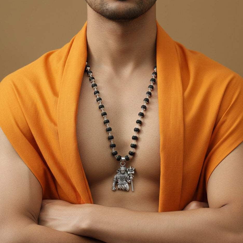 Silver Plated Lord Shiv Pendant With Karungali Mala