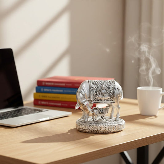 Silver plated Kamdhenu Cow with Calf Idol