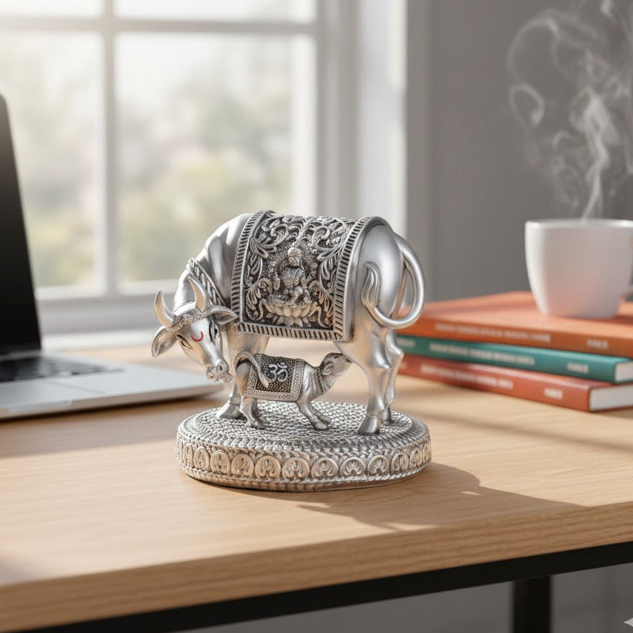 Silver plated Kamdhenu Cow with Calf Idol