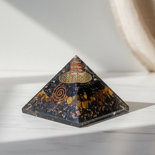 Triple Protection Orgone Pyramid with Black Tourmaline, Tiger Eye & Hematite