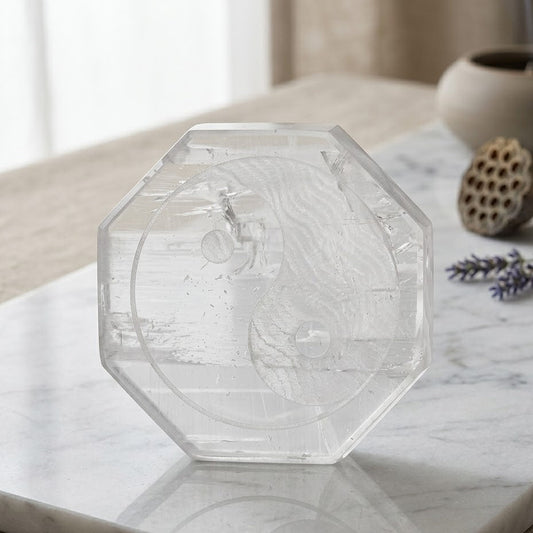 Yin Yang Carved Selenite Charging Plate