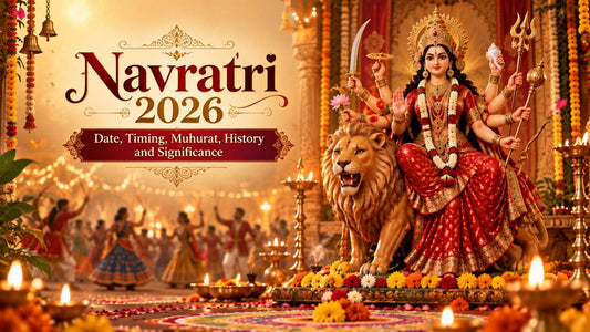 Navratri 2026 featuring Goddess Durga, Garba dancers, diyas and traditional Indian festive decorations
