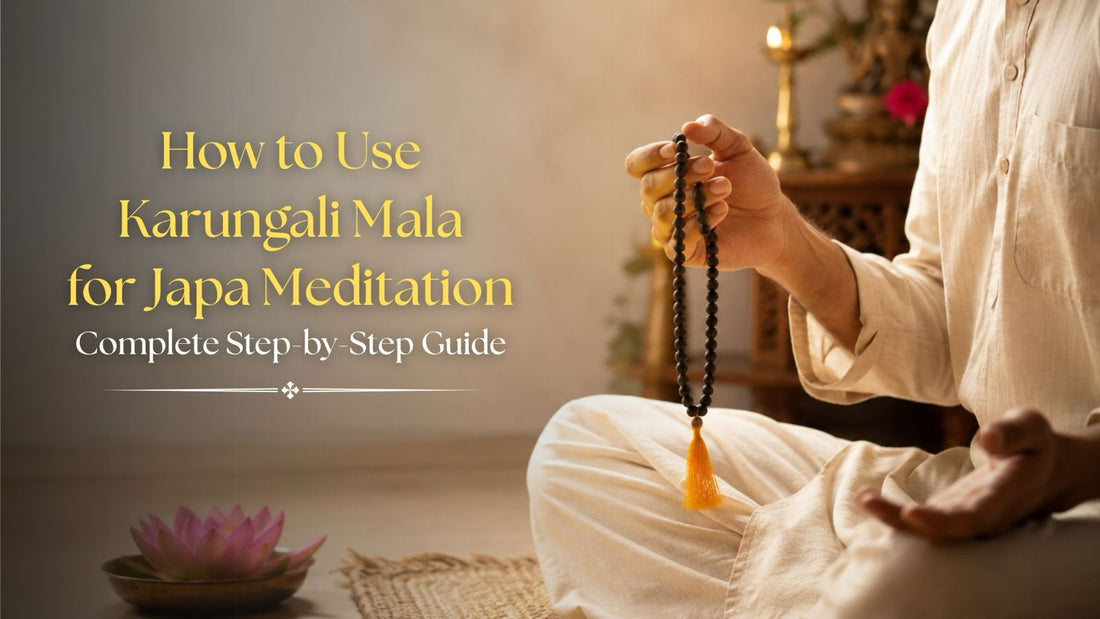 Karungali Mala placed on wooden surface with diya for japa meditation