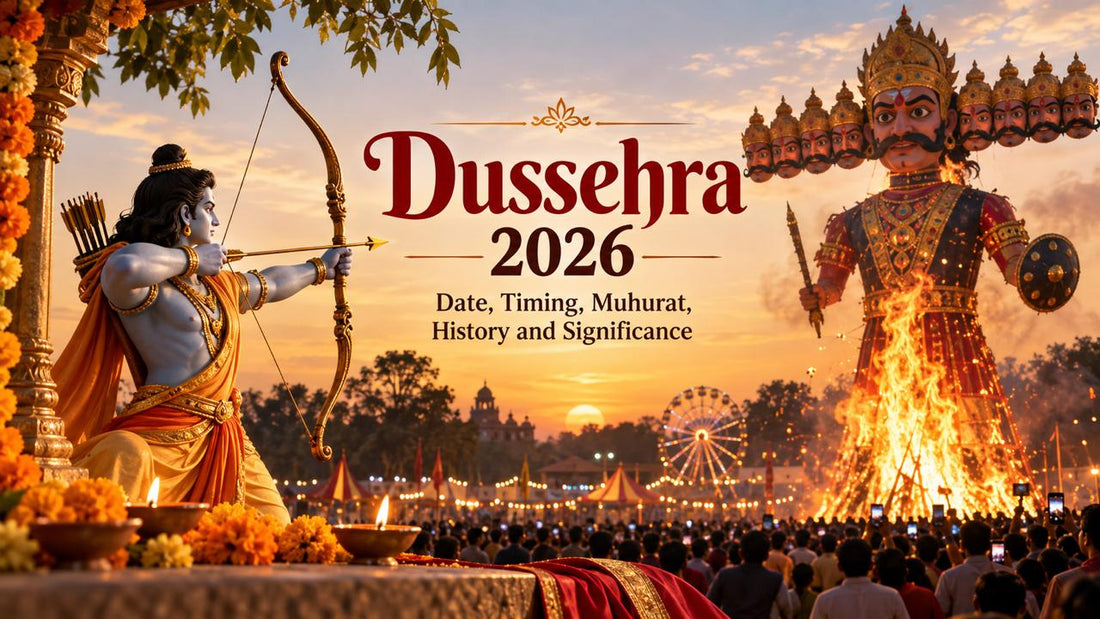 Dussehra 2026 celebration featuring Lord Rama and Ravana effigy with festive lights and diyas