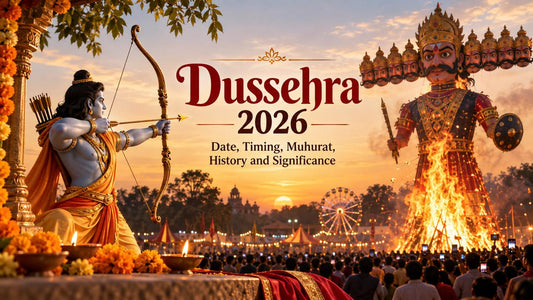 Dussehra 2026 celebration featuring Lord Rama and Ravana effigy with festive lights and diyas