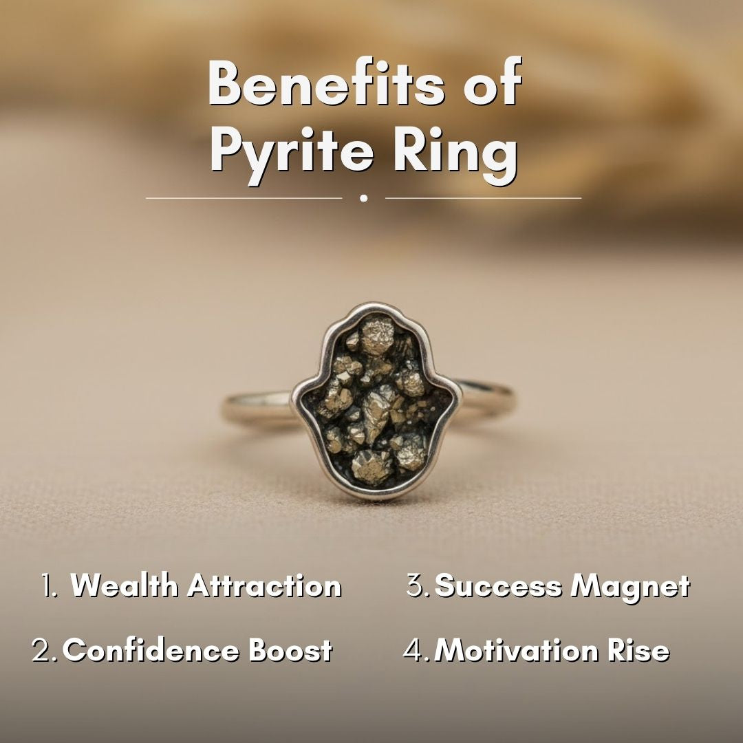 Golden Hamsa Blessing Hand Shaped Raw Pyrite Ring