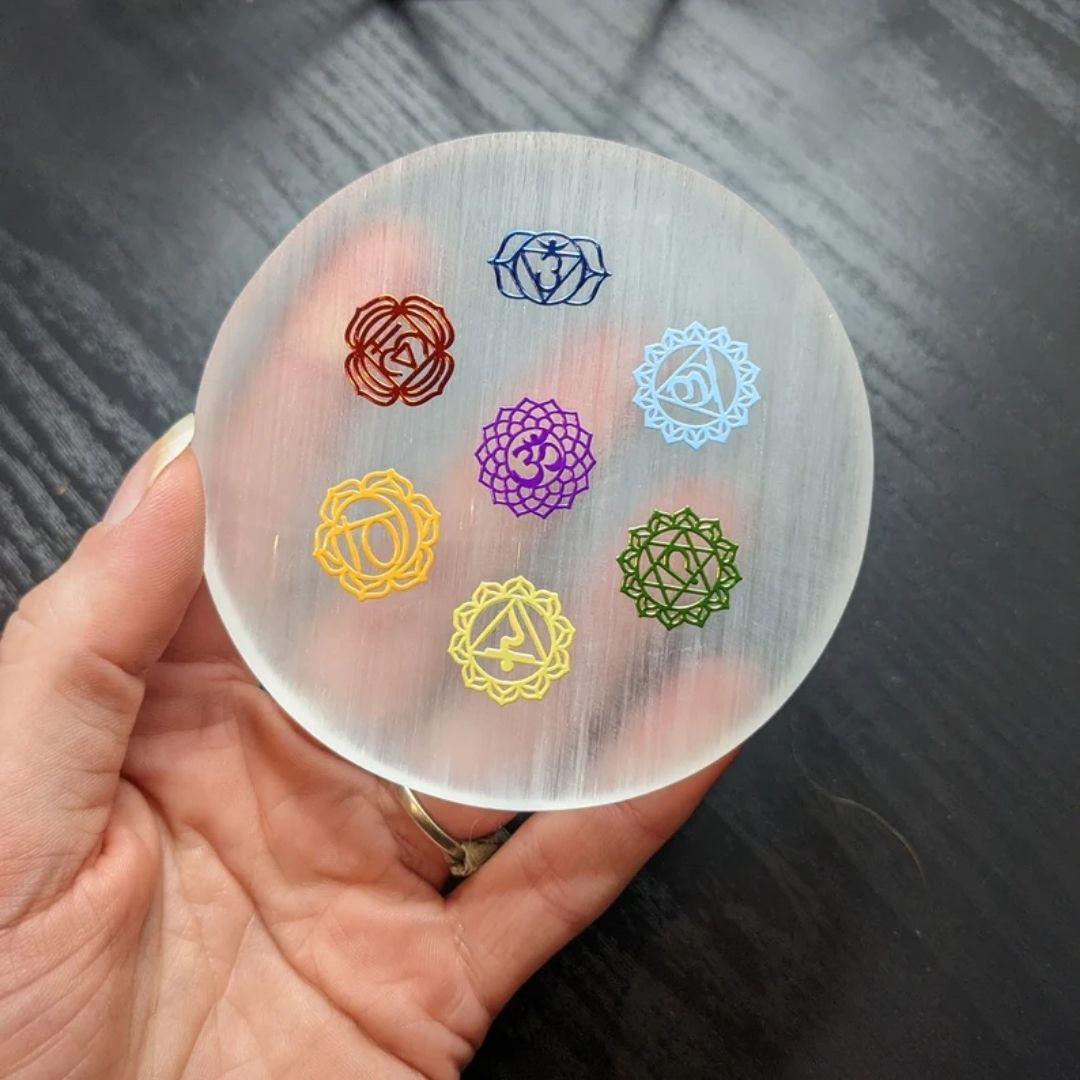 Selenite 7 Chakra Symbol Charging Plate