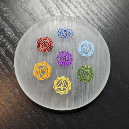 Selenite 7 Chakra Symbol Charging Plate