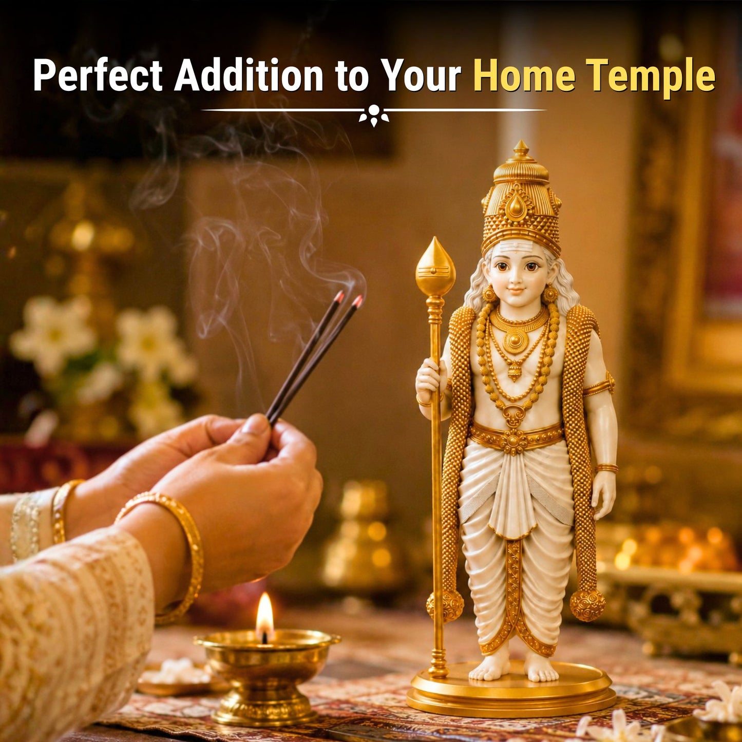 White & Gold Lord Murugan Statue for Home and Gifting