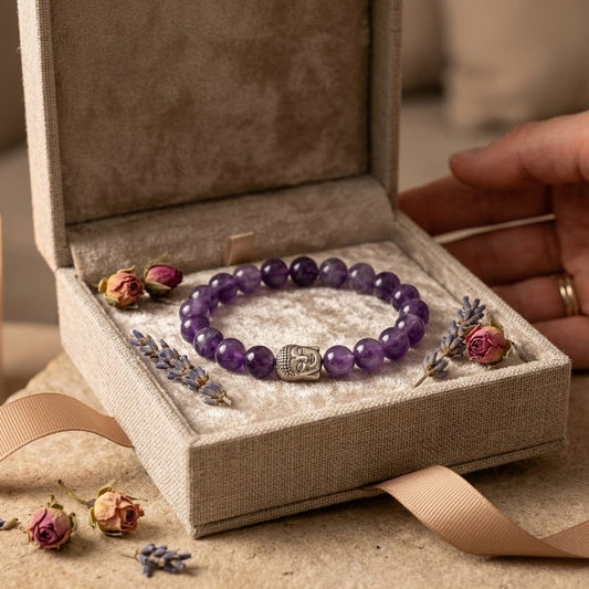 Amethyst Gemstone Bracelet with Buddha Charm – Calmness & Healing