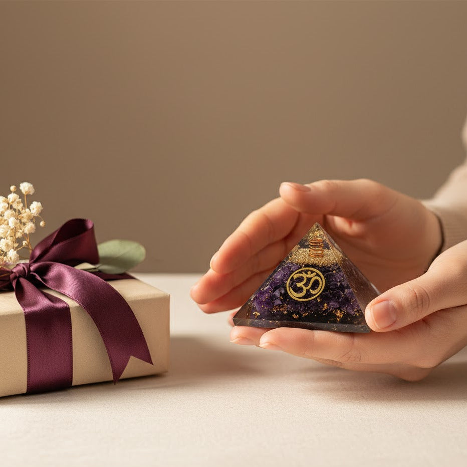 Amethyst Om Symbol Orgone Crystal Pyramid