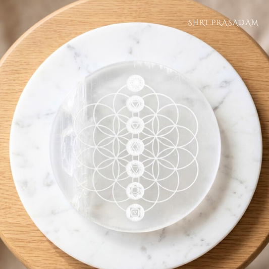 Carved Selenite Plate | Flower of Life with Seven Chakra Symbols