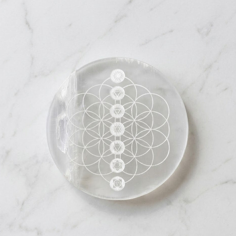 Carved Selenite Plate | Flower of Life with Seven Chakra Symbols