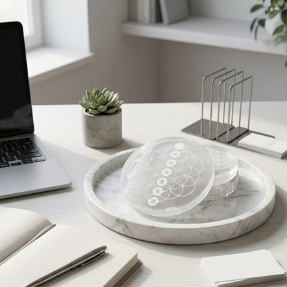 Carved Selenite Plate | Flower of Life with Seven Chakra Symbols