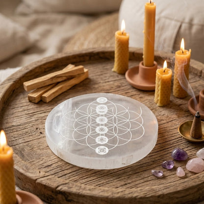 Carved Selenite Plate | Flower of Life with Seven Chakra Symbols