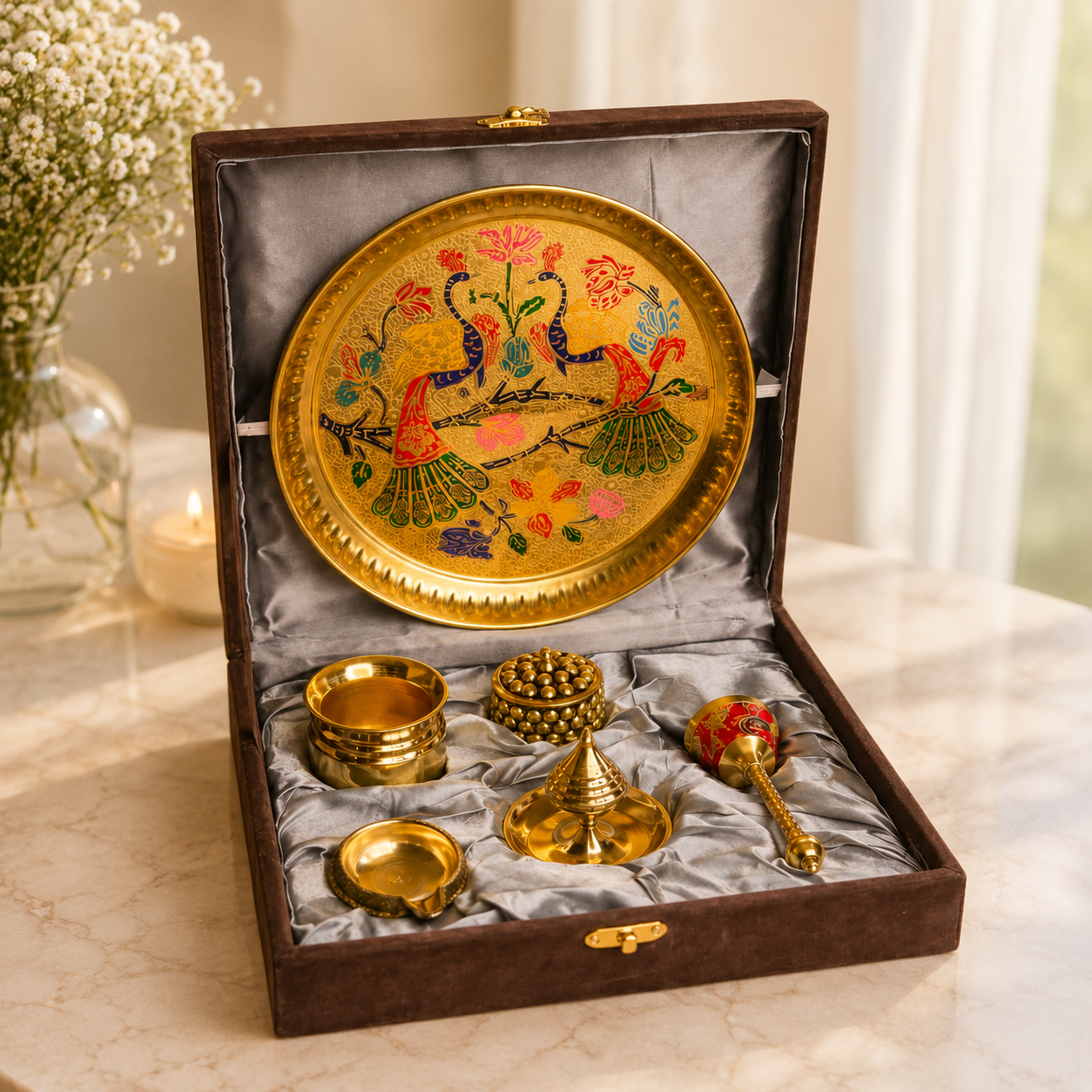 Peacock Design Puja Thali Set with Velvet Gift Box, Plate, Diya, Kalash, Ghanti & Dhup Dan