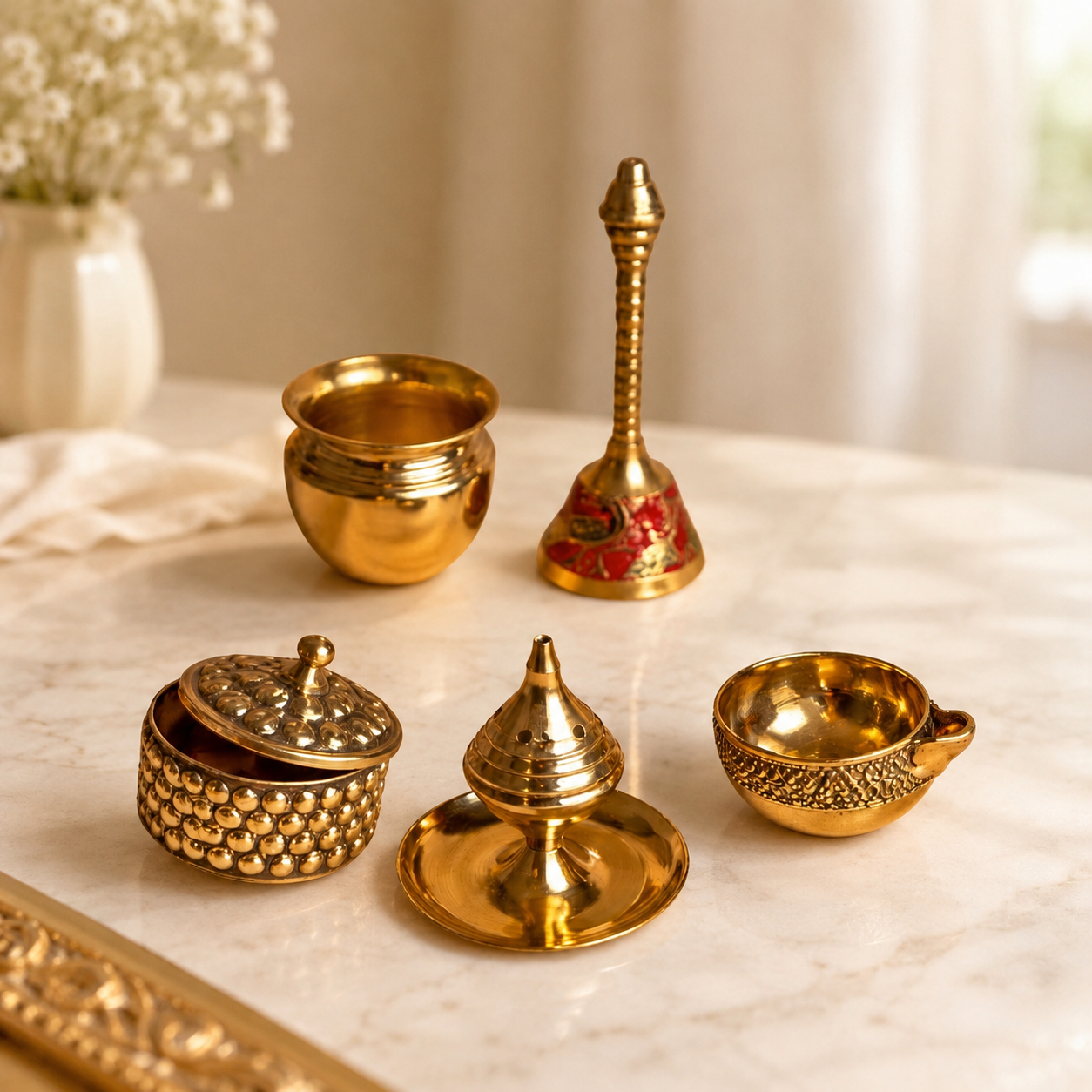 Peacock Design Puja Thali Set with Velvet Gift Box, Plate, Diya, Kalash, Ghanti & Dhup Dan