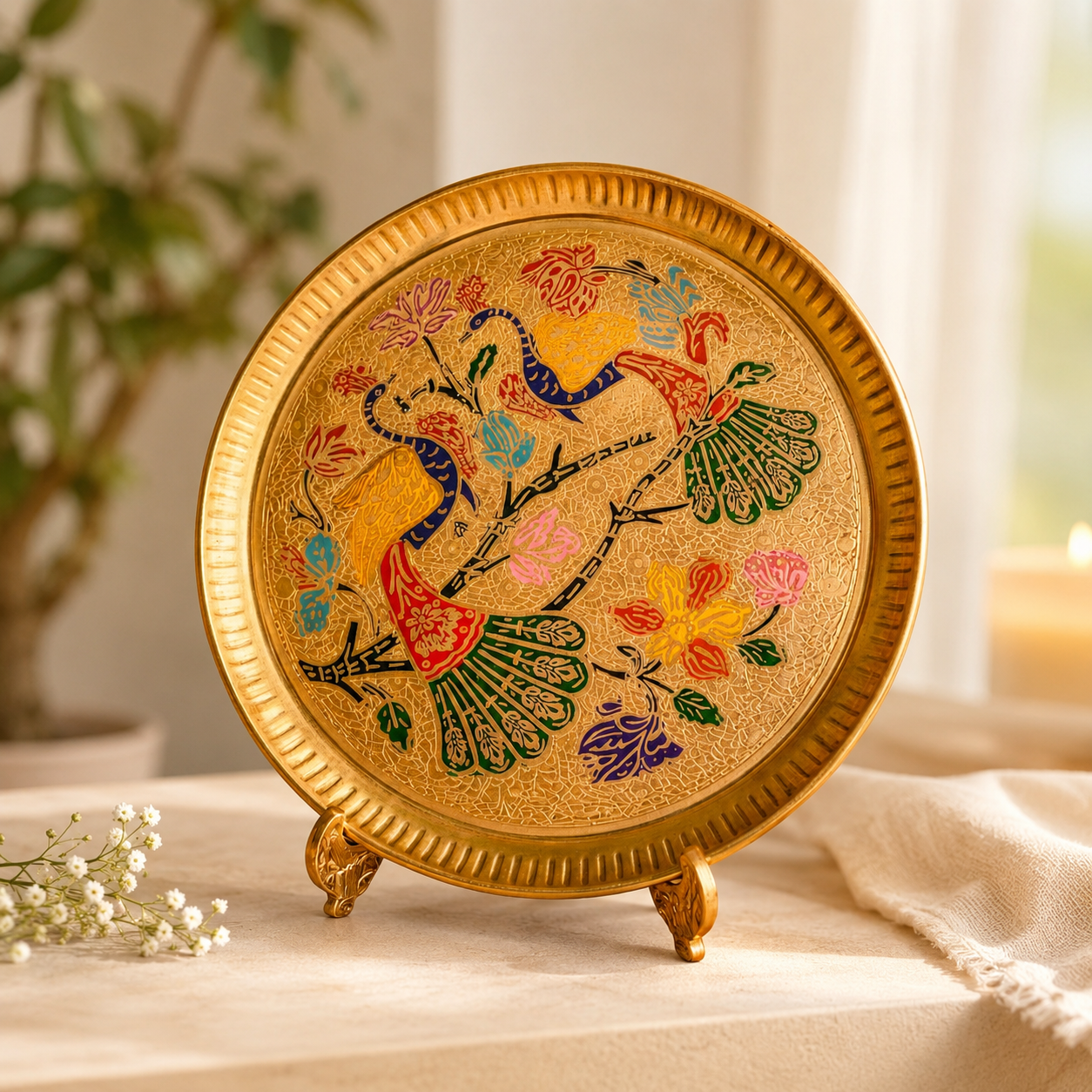 Peacock Design Puja Thali Set with Velvet Gift Box, Plate, Diya, Kalash, Ghanti & Dhup Dan