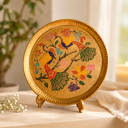 Peacock Design Puja Thali Set with Velvet Gift Box, Plate, Diya, Kalash, Ghanti & Dhup Dan