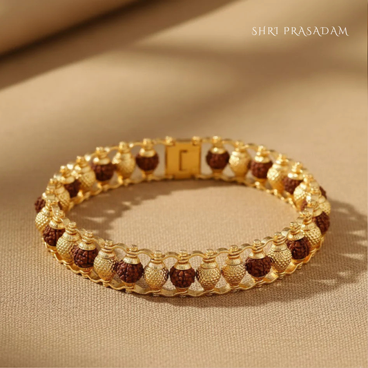 Dual-Line Rudraksha & Gold Polished Beads Kada Bracelet