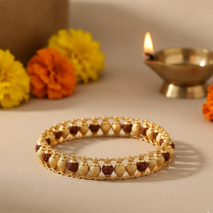 Dual-Line Rudraksha & Gold Polished Beads Kada Bracelet