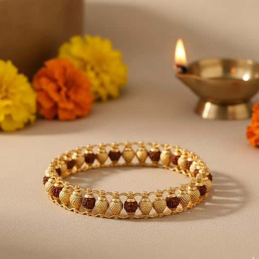 Dual-Line Rudraksha & Gold Polished Beads Kada Bracelet
