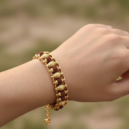 Dual-Line Rudraksha & Gold Polished Beads Kada Bracelet