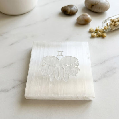 Gemini Zodiac Carved Selenite Plate