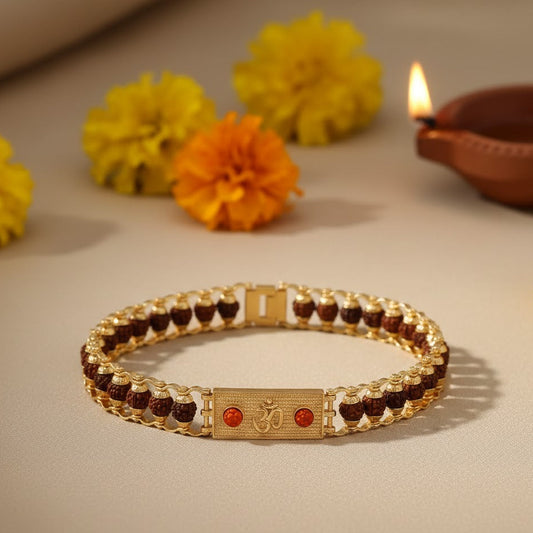 Gold Plated Rudraksh Bracelet with Embossed Om Symbol
