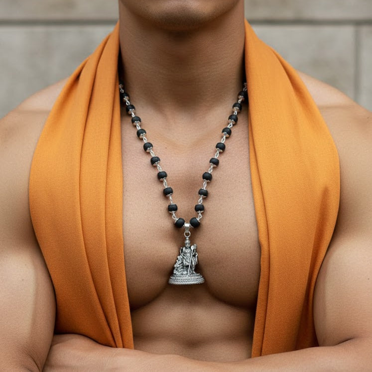 Karungali Mala (black ebony wood beads necklace) with a silver-plated Lord Murugan pendant.