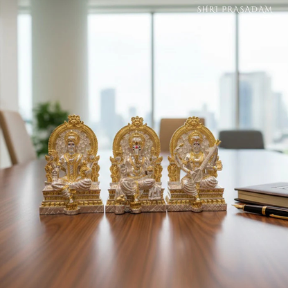Lakshmi Ganesh Saraswati Silver Gold Plated Idol Set