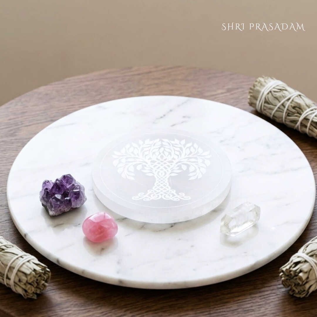 Life Tree Engraved Selenite Charging Plate