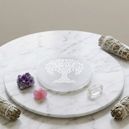 Life Tree Engraved Selenite Charging Plate