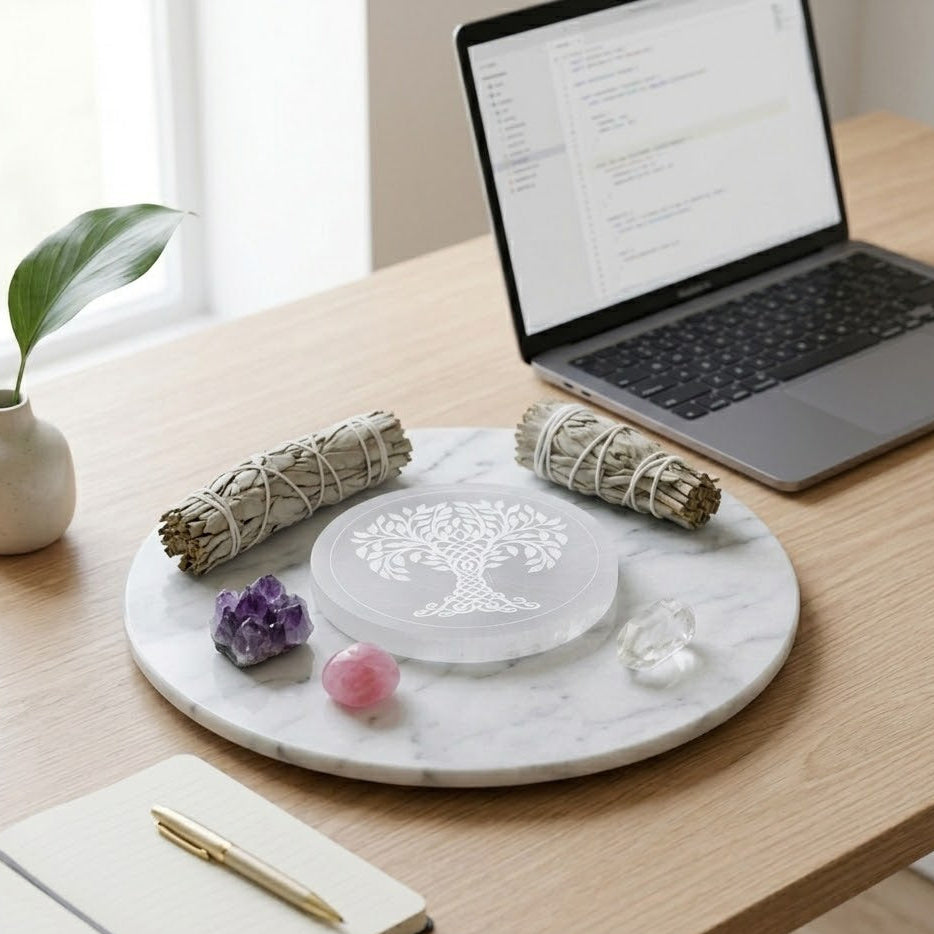 Life Tree Engraved Selenite Charging Plate