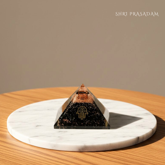 Black Tourmaline Hamsa Hand Orgone Crystal Pyramid