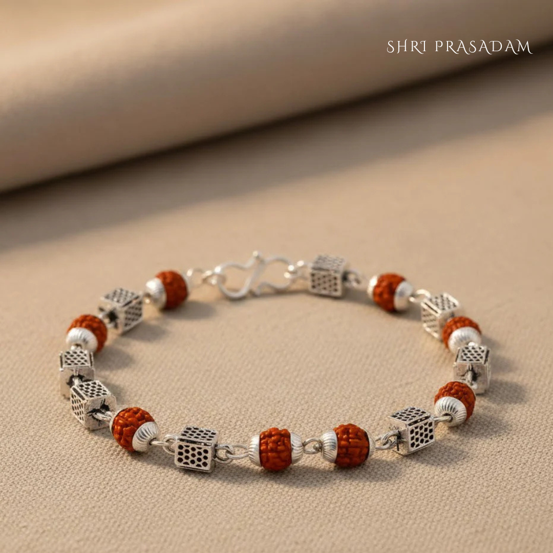 Rudraksha & Designer Silver Cube Beads Bracelet