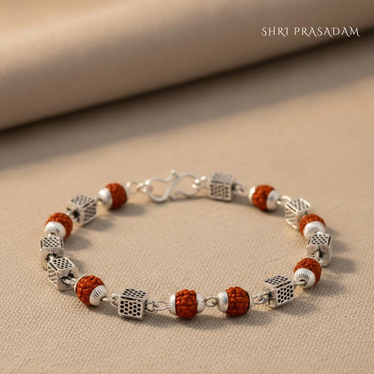 Rudraksha & Designer Silver Cube Beads Bracelet