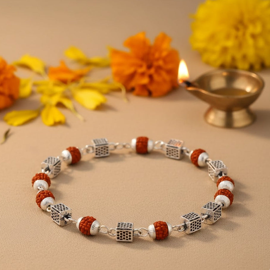 Rudraksha & Designer Silver Cube Beads Bracelet