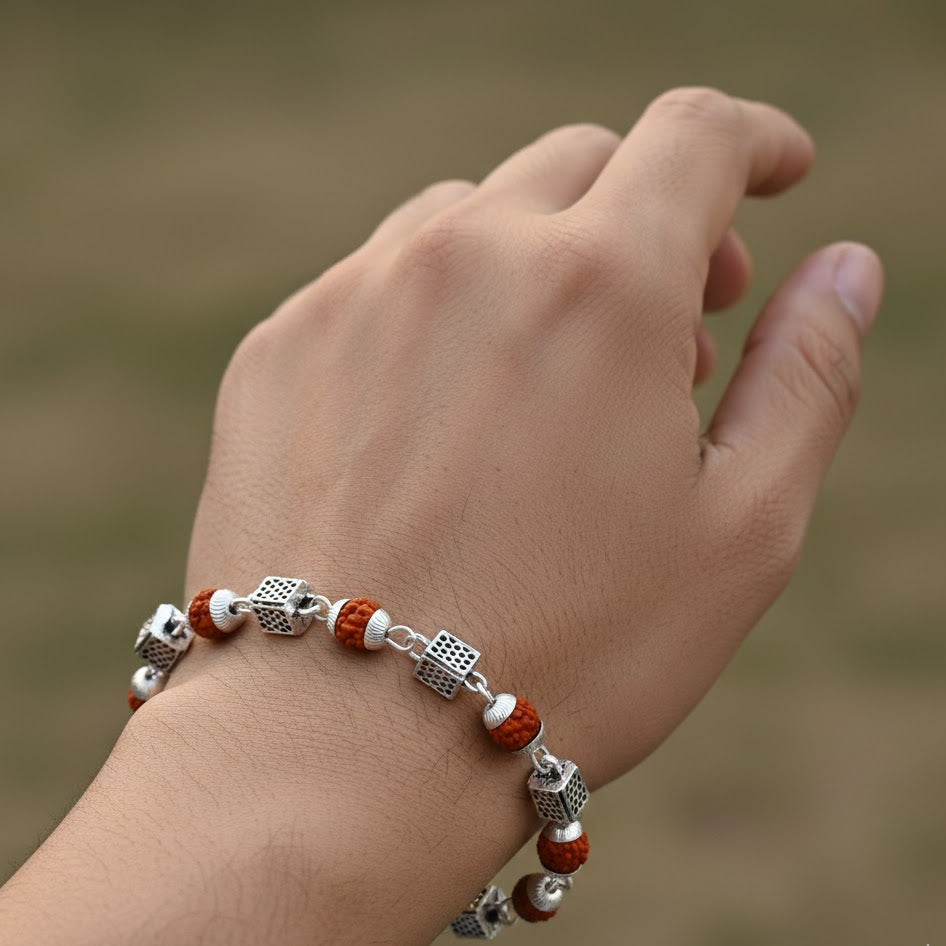 Rudraksha & Designer Silver Cube Beads Bracelet