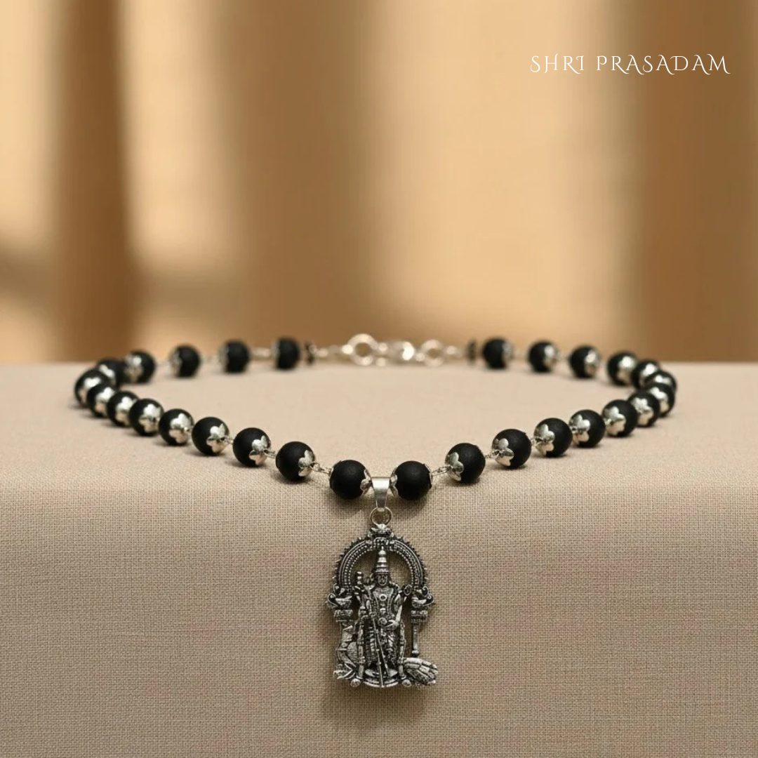 SILVER CAPPED KARUNGALI MALA WITH LORD MURUGAN PENDANT
